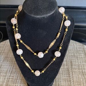 Gold-Tone Beaded Long Necklace with White Marbled Beads